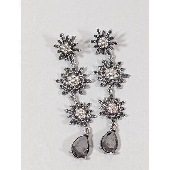 Gothic Black Rhinestone Starburst Flower Long Dangle Earrings Evening - Picture 2 of 6